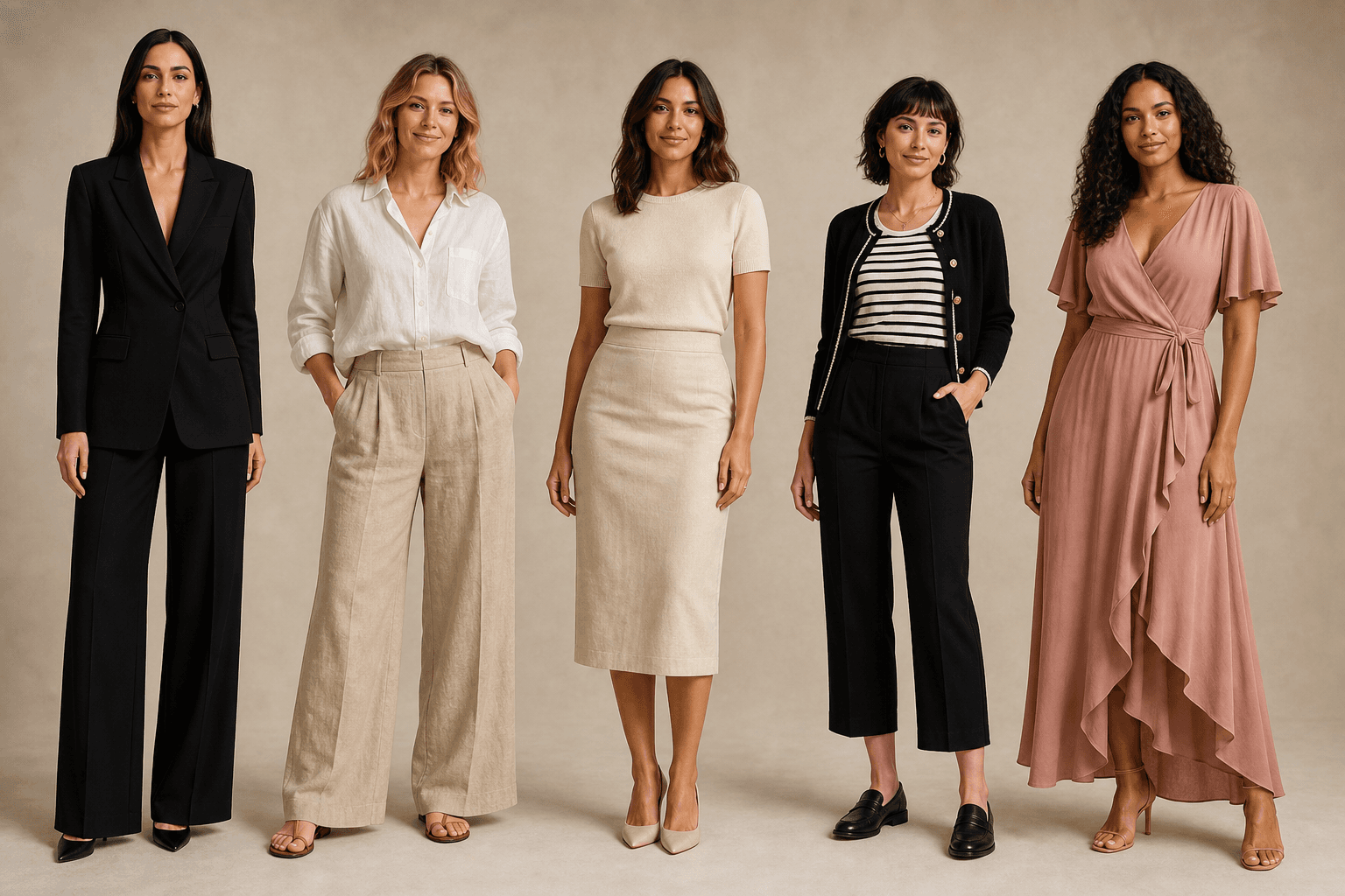 Five clothed adult women in different full-body outfit lines representing the broad Kibbe body type families.