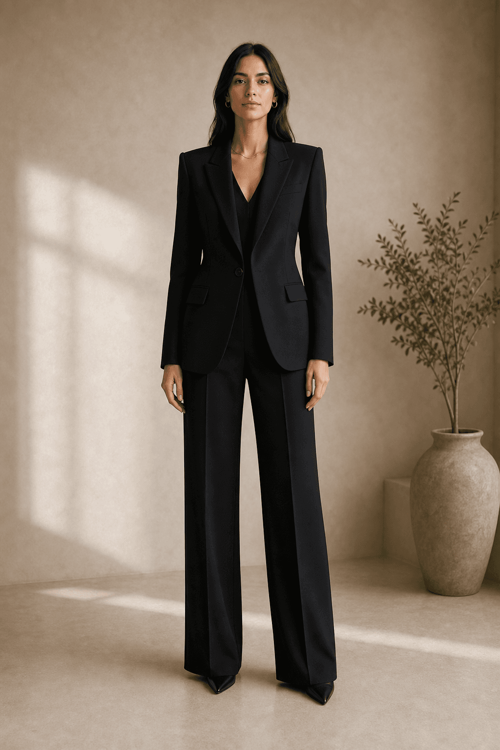 Full-body Dramatic Kibbe guide image showing a long, narrow, angular silhouette in a sharp tailored black column outfit.
