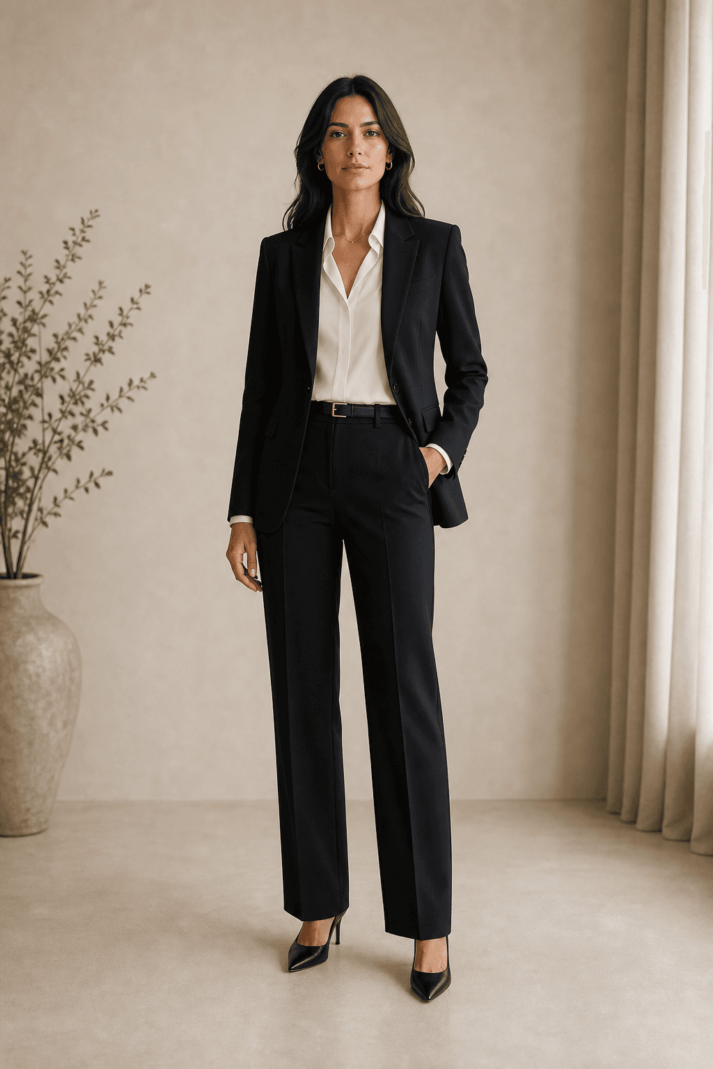 Full-body Dramatic Classic Kibbe guide image showing moderate balance with a sharp tailored edge in precise suiting.