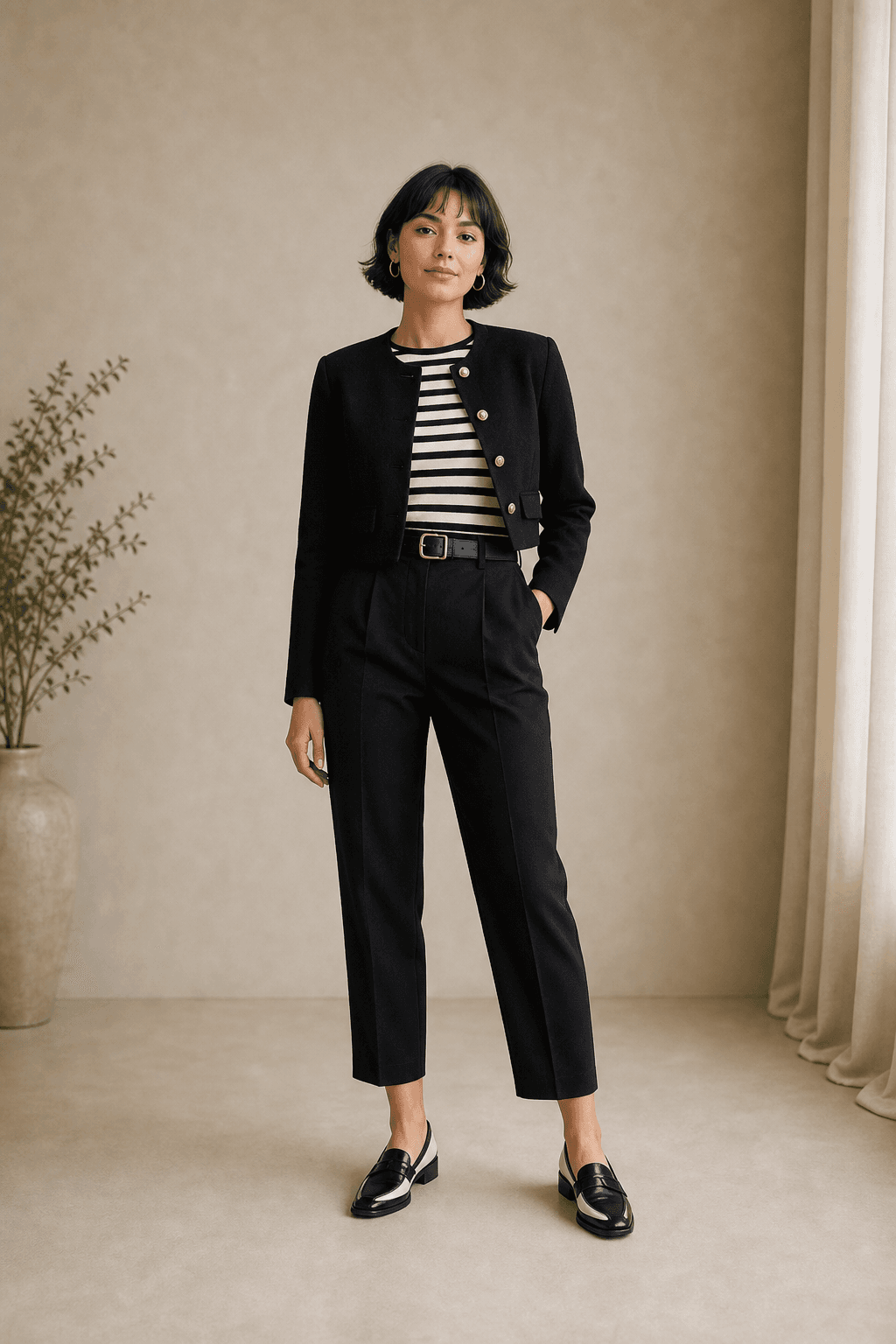 Full-body Flamboyant Gamine Kibbe guide image showing compact scale, sharp contrast, cropped proportions, and broken line.