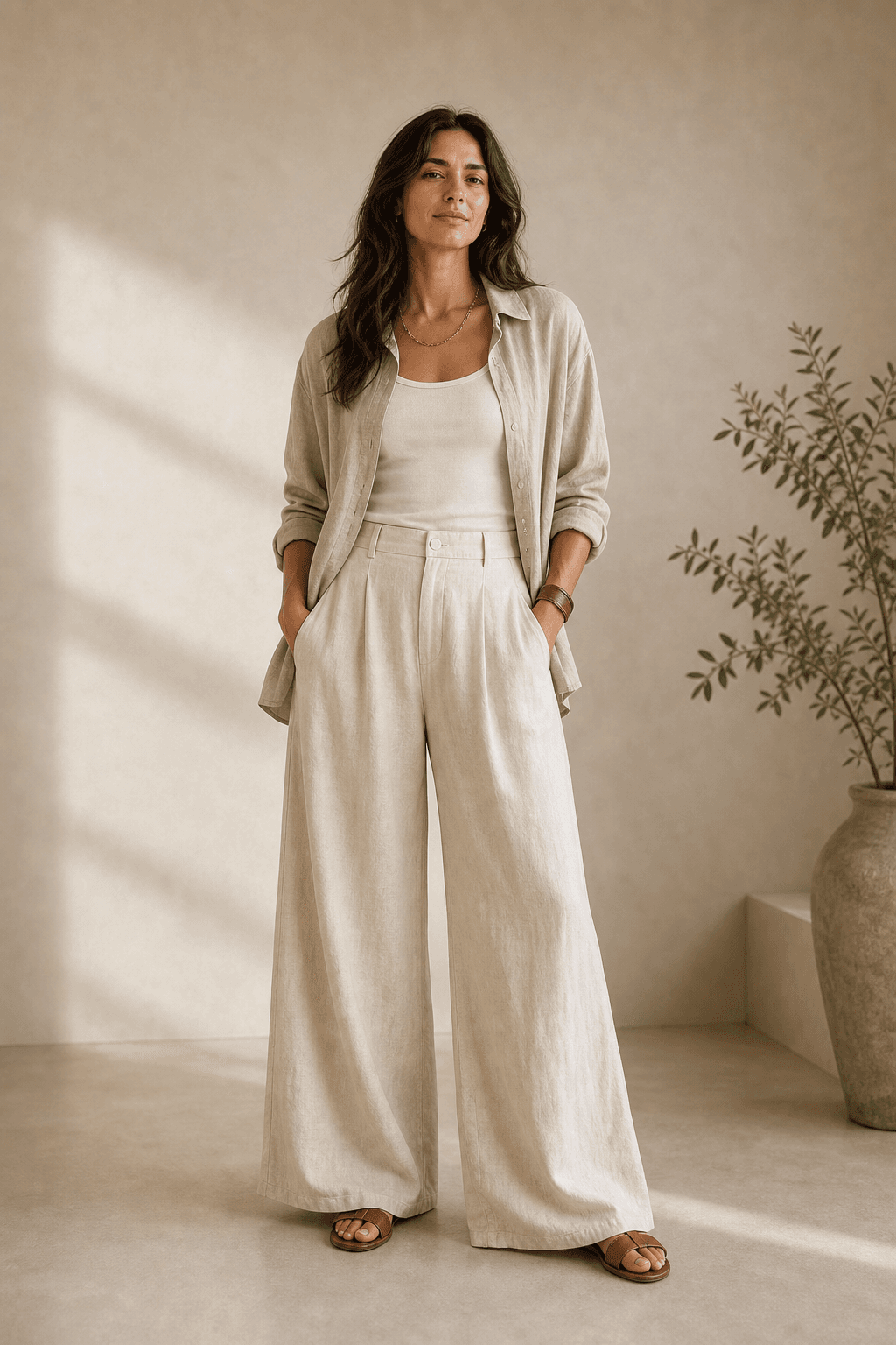 Full-body Flamboyant Natural Kibbe guide image showing vertical plus open width in relaxed long natural-texture layers.