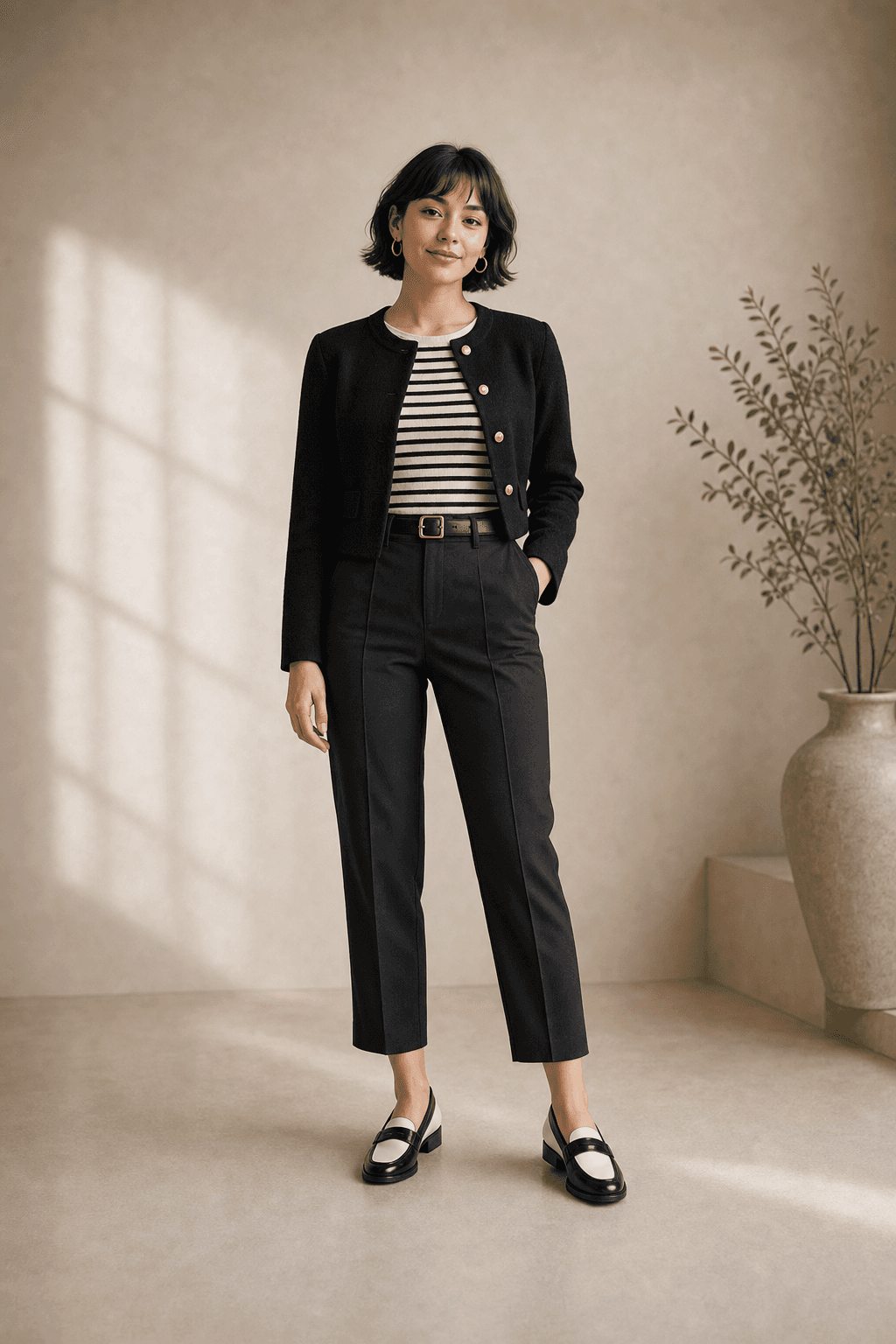 Full-body legacy Gamine Kibbe guide image showing compact mixed yin-yang contrast with animated small-scale styling.