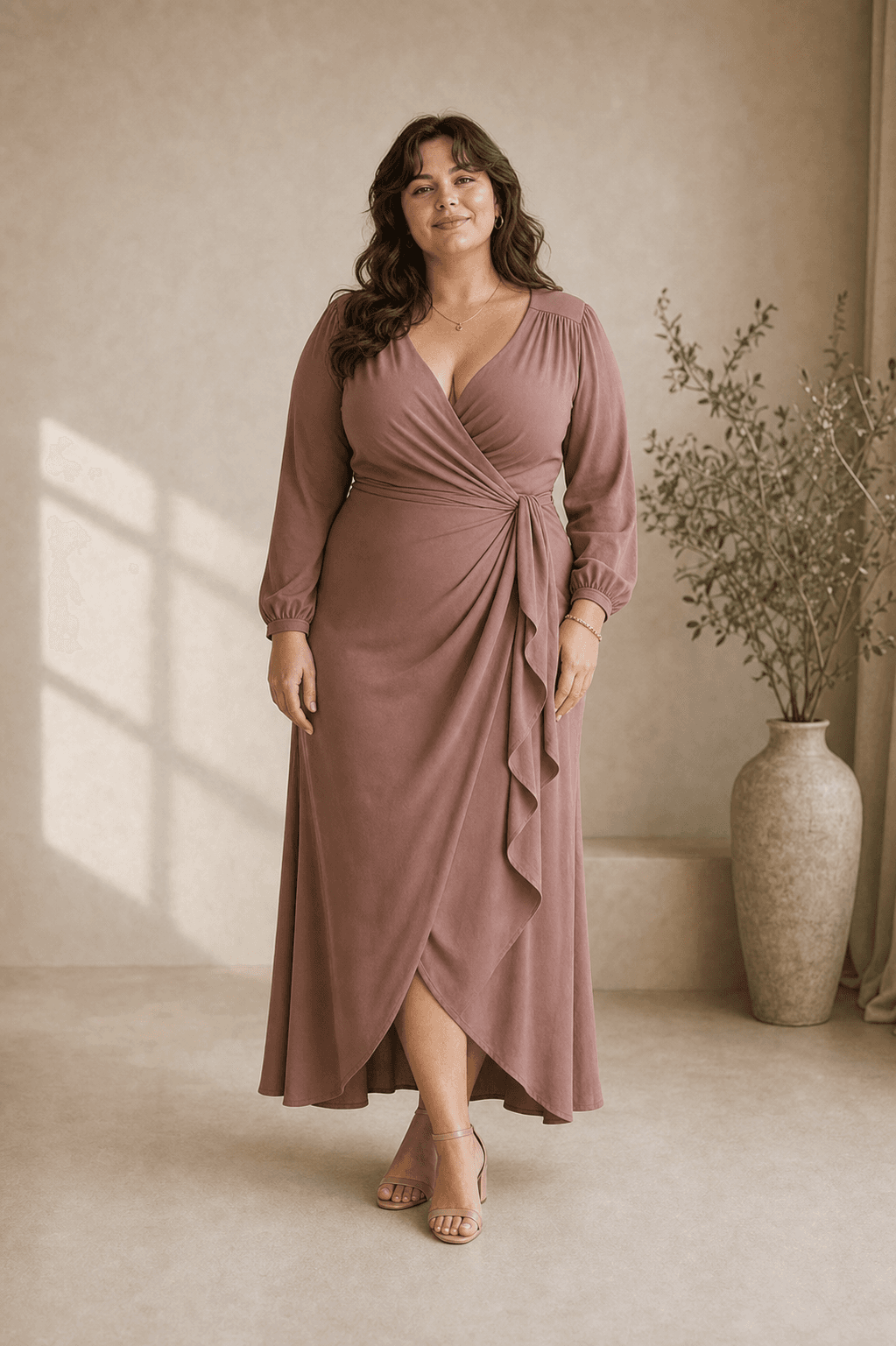 Full-body Romantic Kibbe guide image showing soft rounded continuous curve in a draped wrap silhouette.