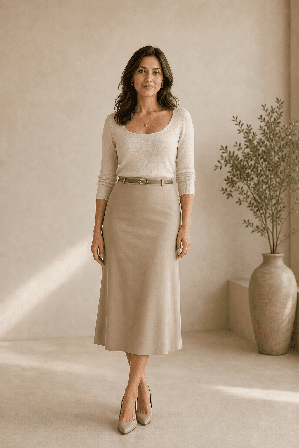 Full-body Soft Classic Kibbe guide image showing balanced moderate proportions with gentle softness and quiet waist definition.
