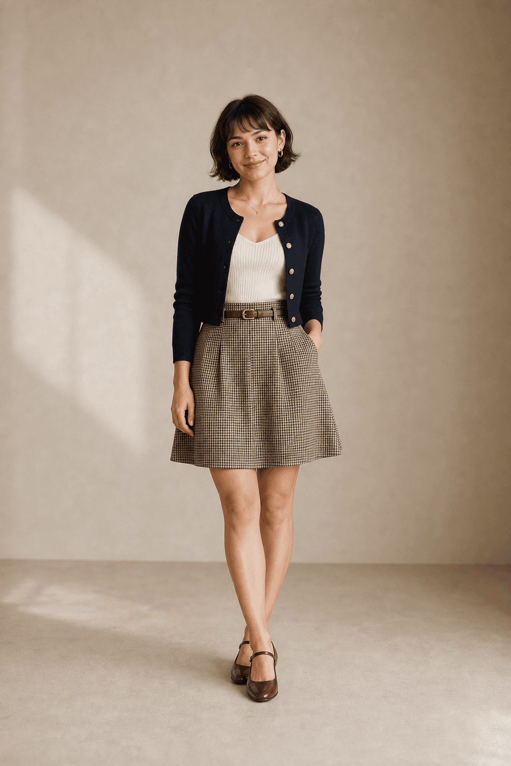 Full-body Soft Gamine Kibbe guide image showing petite scale, rounded softness, visible waist shape, and playful compact detail.