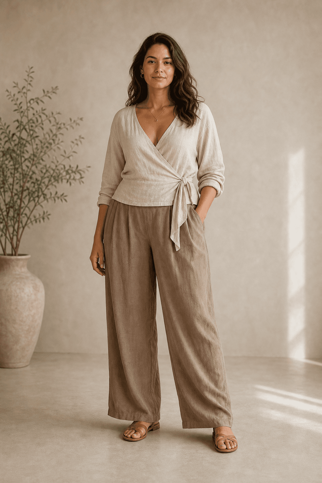 Full-body Soft Natural Kibbe guide image showing relaxed width plus gentle curve in softly shaped easy separates.