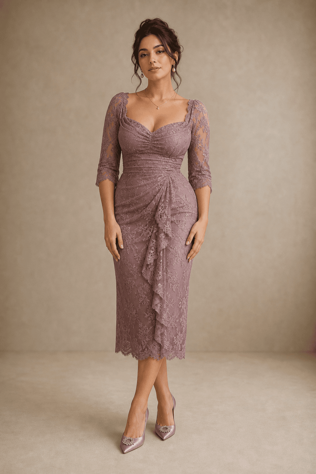 Full-body Theatrical Romantic Kibbe guide image showing curve with a delicate sharp edge in ornate close drape.