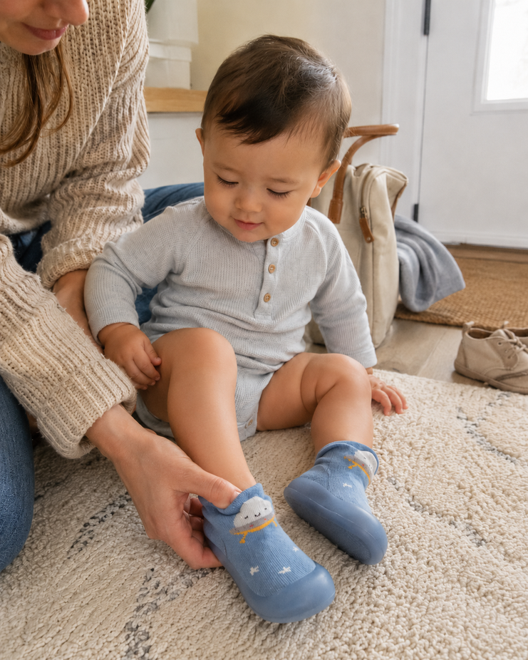 Parent holding TinyTreads baby booties